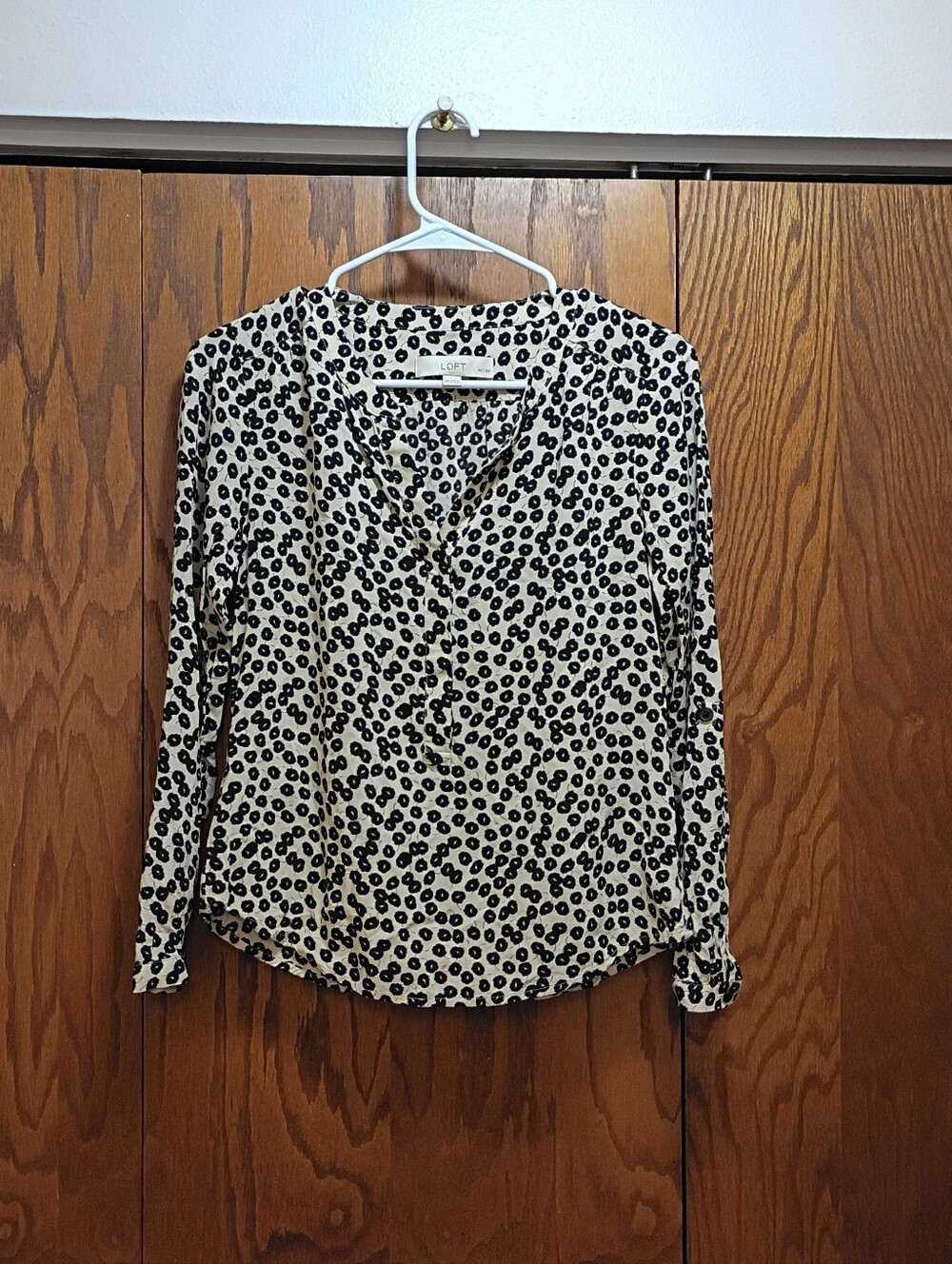 LOFT Cream and Black Animal Print Long-Sleeve Blouse